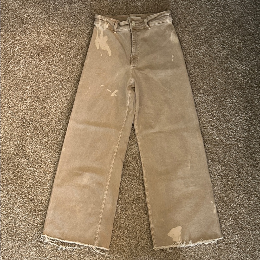 Zara Distressed Wide Leg Tan Jeans